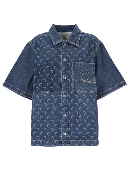 Indigo blue cotton denim crescent moon print shirt Marine Serre | MSI017DDEN0001BL50